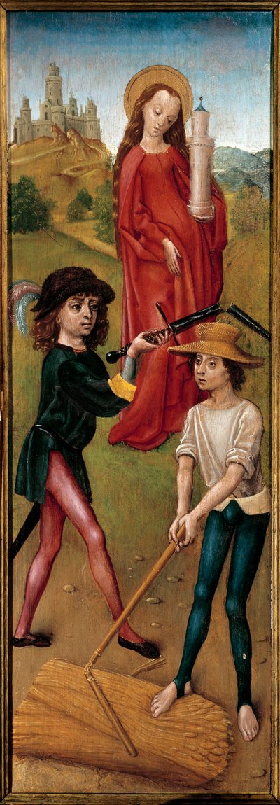 Santa Bárbara y dos campesinos segando el trigo. Pintura sobre madera de la Escuela Española. Siglo XV. París, artes decorativas de Spanish School