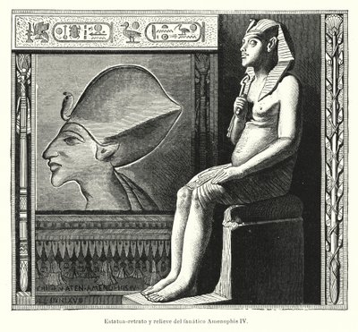 Estatua sentada y relieve del faraón egipcio antiguo Akenatón (Amenhotep IV) (litografía) de Spanish School