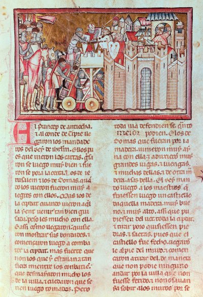 Sitio y asalto de la ciudad de Belina, defendida por el rey Aynart, del manuscrito "Gran conquista de ultramar" (vitela) de Spanish School