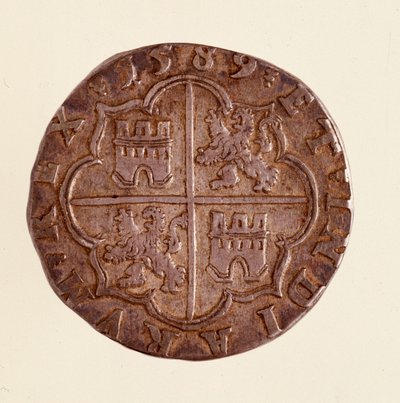 Moneda de plata (8 reales) de España: reinado de Felipe II (1556-1598) 1589 Diam. 3,5 cm Nápoles, museo arqueológico de Spanish School