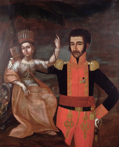 Simón Bolívar (1783-1830) y una mujer nativa americana de Spanish School