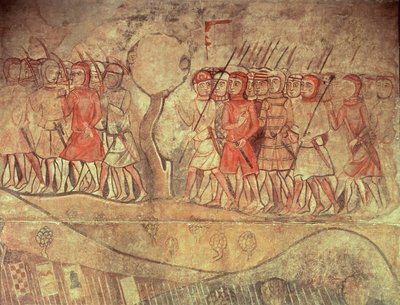 Soldados del ejército del rey Jaime I (1208-76) un grupo de soldados de a pie con arcos y lanzas, detalle de un mural del antiguo Palacio Reale, Barcelona (pintura mural) de Spanish School