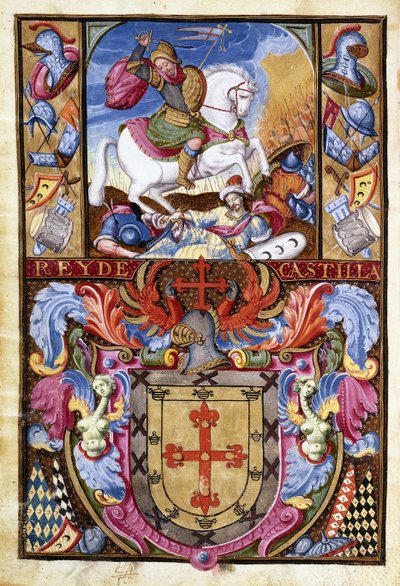 San Jaime en un caballo blanco cabalgando sobre los cadáveres de moros y el escudo de armas de la familia Gómez, 1606 de Spanish School