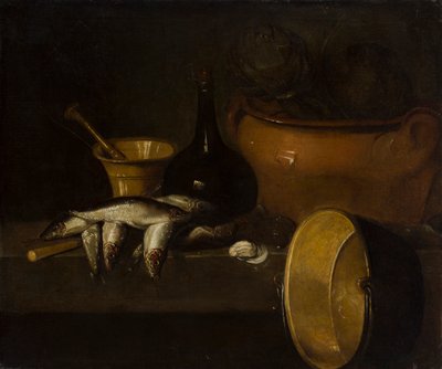 Naturaleza muerta con pescado y alcachofas de Spanish School