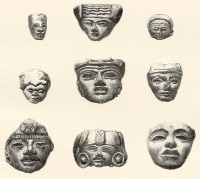 Cabezas y máscaras de piedra encontradas en Teotihuacan, México por Desiré Charnay durante su expedición en 1880-1883 de Spanish School