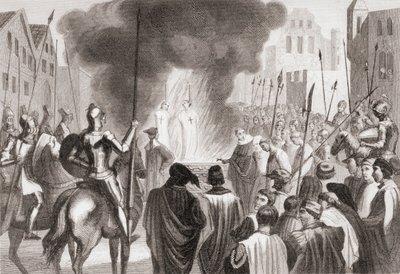 Templarios quemados en la hoguera (litografía) de Spanish School