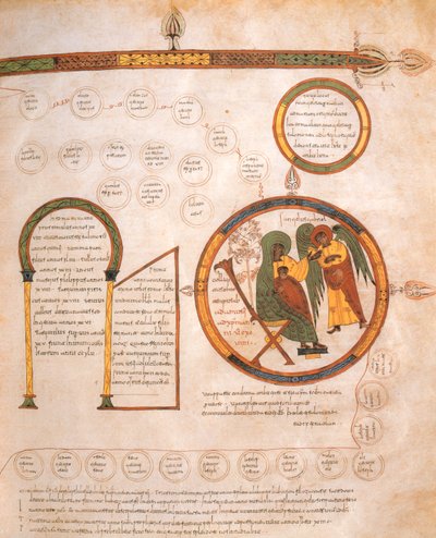 La Anunciación a María y la Genealogía de Jesús, de la Biblia Visigótica-Mozárabe de San Isidoro, fol.10r., A.D. 960 de Spanish School
