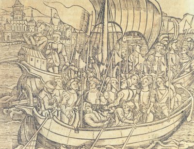 El descubrimiento del Nuevo Mundo por Cristóbal Colón (1450-1596) ilustración de la "Historia General de las Indias y Nuevo Mundo" de Francisco López de Gómara (n.1510) 1554 (grabado) de Spanish School