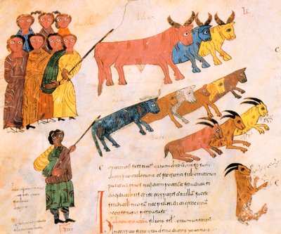 El pueblo hebreo deja Egipto con su ganado, de la Biblia Visigótica-Mozárabe de San Isidoro, fol.38v., A.D. 960 de Spanish School