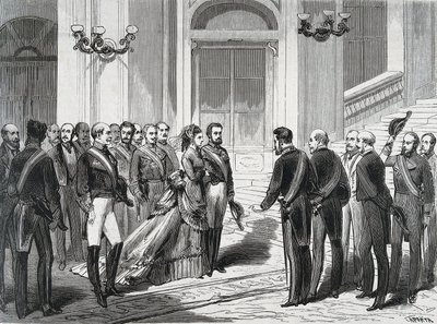 El Rey de España Amadeo I (Amedeo Ferdinando Maria di Savoia) y su esposa la Reina María Victoria dal Pozzo della Cisterna a su llegada al Palacio Real en Madrid el 19/03/1871. Grabado de "La Ilustración Española y Americana" de Spanish School