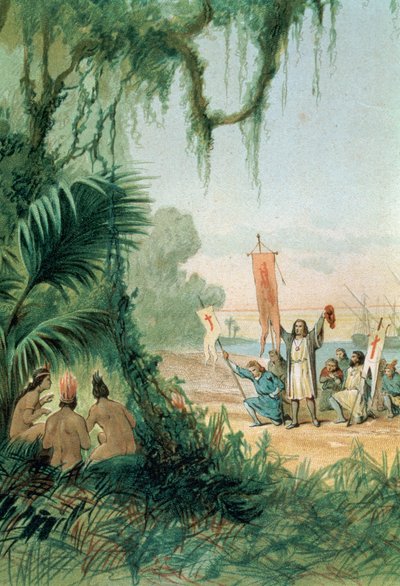 El desembarco de Cristóbal Colón (1451-1506) en la isla de San Salvador el 12 de octubre de 1492, de "El descubrimiento de América", pub. Barcelona de Spanish School