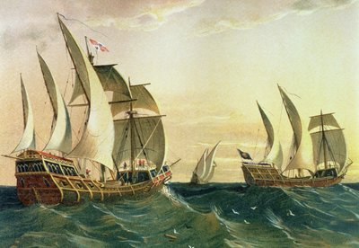La "Pinta", la "Nina" y la "Santa María" navegando hacia las Indias Occidentales en 1492, de El descubrimiento de América de Spanish School