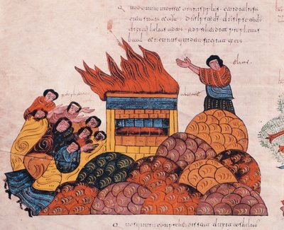 El profeta Elías ora en el Monte Carmelo para que el Dios de Israel sea vindicado ante los sacerdotes de Baal y cae fuego del cielo (I Reyes 18), fol.145v., de la Biblia visigoda-mozárabe de San Isidoro de Spanish School
