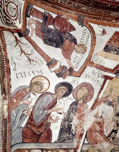 El ciclo de los meses: un sirviente ofrece una bebida a los apóstoles (San Andrés, San Bartolomé y San Felipe) (detalle) de Spanish School