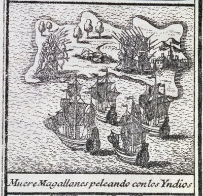 La muerte de Magallanes en una batalla con los indios de Spanish School