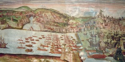 La entrada de la flota en Lisboa, escena de la campaña marítima contra Portugal dirigida por Álvaro de Bazán, durante el reinado de Felipe II de España (fresco) de Spanish School