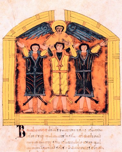 Los tres hebreos, Sadrac, Mesac y Abed-nego arrojados al horno por Nabucodonosor, fol.318v, de la Biblia visigótica-mozárabe de San Isidro, 960 d.C. (temple sobre vitela) de Spanish School