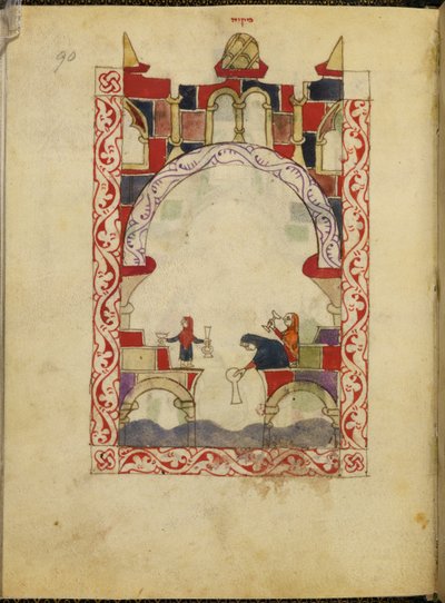Tres mujeres sumergen vasijas en un estanque. Manuscrito iluminado de una Haggadah hispanomorisca, c.1300, España, Or. 2737, fol. 90 (vitela) de Spanish School