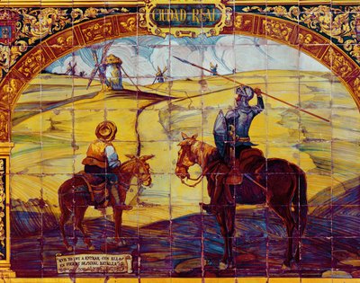 Azulejos que representan a Don Quijote y Sancho Panza preparándose para atacar los molinos (cerámica) de Spanish School