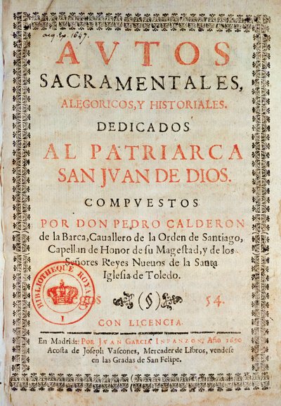 Página de título de Los Autos Sacramentales de Pedro Calderón de la Barca editado por Juan García Infanzón, 1690 de Spanish School