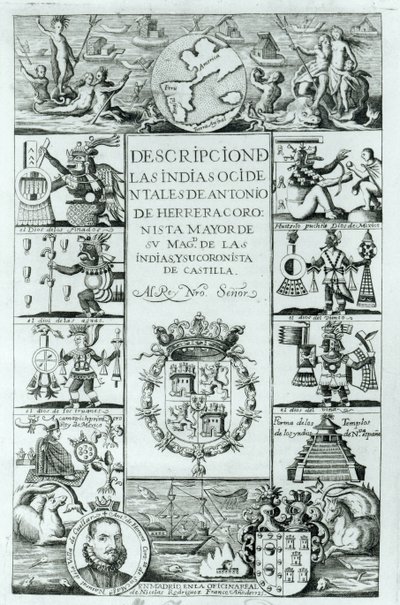 Página de título de Descripción de las Indias Occidentales por Antonio de Herrera y Tordesillas, edición de Madrid, 1725 de Spanish School