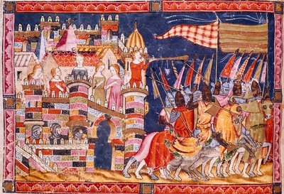 Guerra de Troya: la ciudad de Troya y el ejército troyano saliendo para la batalla. (detalle) del manuscrito español 