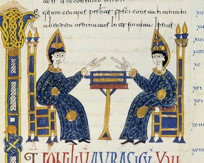 Dos obispos católicos sentados frente a un manuscrito, miniatura de las Glosas Emilianenses, 992-994 de Spanish School