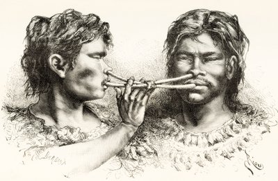 Indios Witoto o Huitoto, pueblos indígenas del sureste de Colombia y norte de Perú, tomando rapé de Spanish School