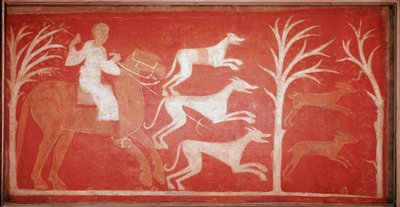 Escena de caza que representa perros corriendo tras la presa. 1150. Fresco del eremitorio de Baudelio de Berlanga, Soria. Conservado en el Museo del Prado de Spanish School