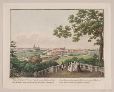 Vista de Helsingør, Kronborg y el Øresund entre las costas de Selandia y Escania. Dibujado en la terraza del jardín en Marienlyst de Søren L. Lange