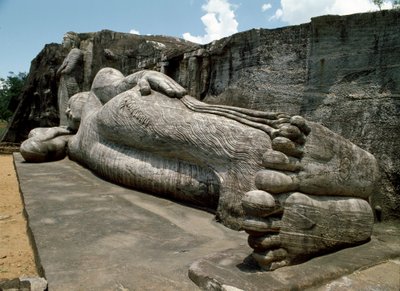 La imagen reclinada, que representa el parinirvana de Buda, escultura, Templo de Gal Vihara de Sri Lankan