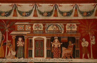 Pintura mural que representa una casa cingalesa en el Templo Subdharama, Dehiwala de Sri Lankan School