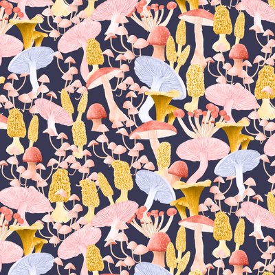 Mushroom medley pattern dark, 2022 (lápiz de grafito y digital) de Stacy Hsu