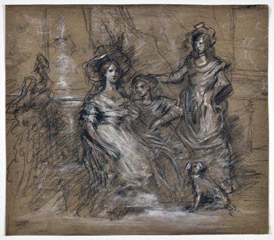 Estudio de tres mujeres y un perro (dibujo) de Stanislas Torrents y de Amat