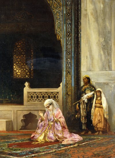 Una dama turca rezando en la Mezquita Verde, Bursa de Stanislaus von Chlebowski
