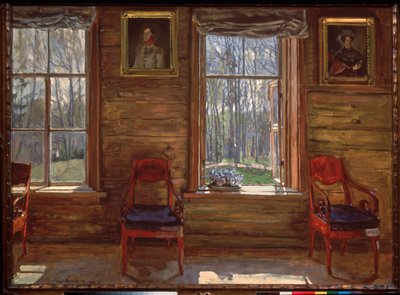 Feliz mayo. (Vista de un bosque soleado, a través de las ventanas de una casa de campo, decorada con retratos pintados y cortinas). Pintura de Stanislav Yulianovich Zhukovsky (1873-1944), óleo sobre lienzo de Stanislav Joulianovitch Joukovski