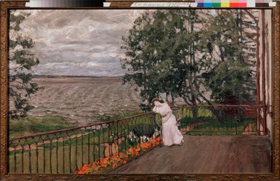Pensamientos oscuros (Una mujer solitaria apoyada en la valla de una terraza frente a un campo arado). Pintura de Stanislav Yulianovich Zhukovsky (1873-1944), óleo sobre lienzo de Stanislav Joulianovitch Joukovski