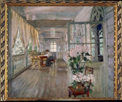 Terraza de una casa señorial. Pintura de Stanislav Yulianovich Zhukovsky (1873-1944), óleo sobre lienzo. Arte ruso de Stanislav Joulianovitch Joukovski