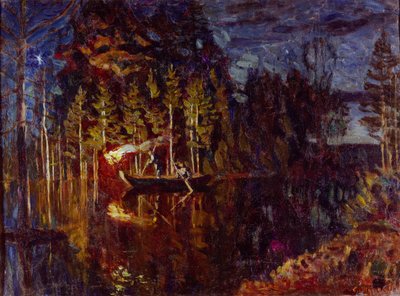 Pesca nocturna con lanza en primavera, 1916 de Stanislav Julianovic Zukovskij