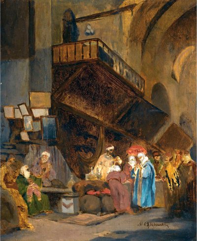 Bazar a Constantinopla - Pintura de Stanislaw Chlebowski (1835-1884), orientalismo - Bazar en Constantinopla - Óleo sobre madera de Stanislav Khlebovsky (1835-1884) - 26x21 cm - Colección privada de Stanislaw Chlebowsky