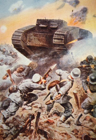Tanque británico en acción contra los alemanes en el Frente Occidental en la Primera Guerra Mundial de Stanley L. (after) Wood