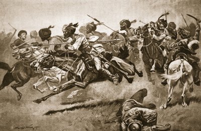En la expedición a Pao-ting-fu: Una carga de los lanceros de Bengala, ilustración de 
