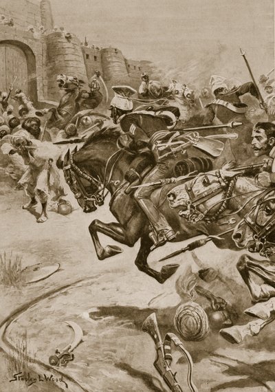 Los lanceros 11 y el caballo de Skinner empujando a los Jats hacia Bharatpur, diciembre de 1828 de Stanley L. (after) Wood