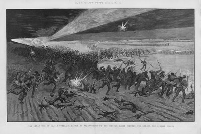La Batalla de Alexandrovno, escena de batalla imaginada en una guerra entre Rusia y Alemania usando luz eléctrica para iluminar el campo de batalla por la noche de Stanley L. (after) Wood