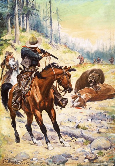 Vaqueros americanos rodean a un oso agachado sobre el cuerpo de una vaca de Stanley L. Wood