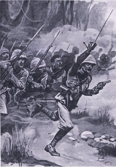 Carga británica contra los Ashantis en Amoaful, 31 de enero de 1874, ilustración de British Battles on Land and Sea, 1915 de Stanley L. Wood
