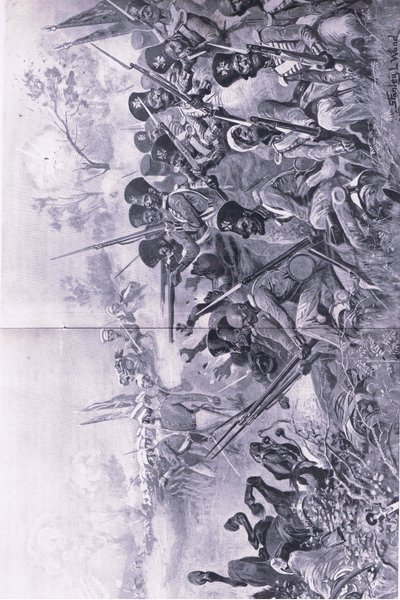 Chilianwala, 13 de enero de 1849: La brigada de Goddy haciendo una valiente resistencia cuando fue rodeada por los sijs, ilustración de British Battles on Land and Sea, 1915 de Stanley L. Wood