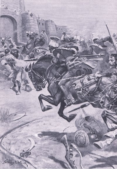 Los lanceros del 16º y el caballo de Skinner empujando a los Jats hacia Bharatpur; diciembre de 1825, ilustración de British Battles on Land and Sea, 1915 de Stanley L. Wood