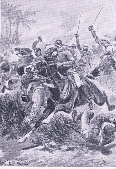Caballería voluntaria fuera de Lucknow, 30 de junio de 1857, ilustración de British Battles on Land and Sea, 1915 de Stanley L. Wood