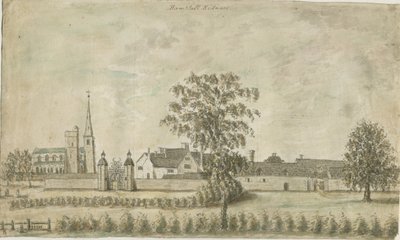 Hamstall Ridware - Iglesia y Casa Solariega: pintura en acuarela, nd [1762-1802] de Stebbing Shaw